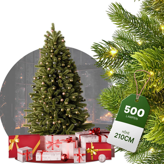 Artificial Christmas tree with lighting - [100% injection molding] - 210 cm high with 500 LEDs - lifelike fir tree - with integrated string lights - Christmas tree with stable metal stand