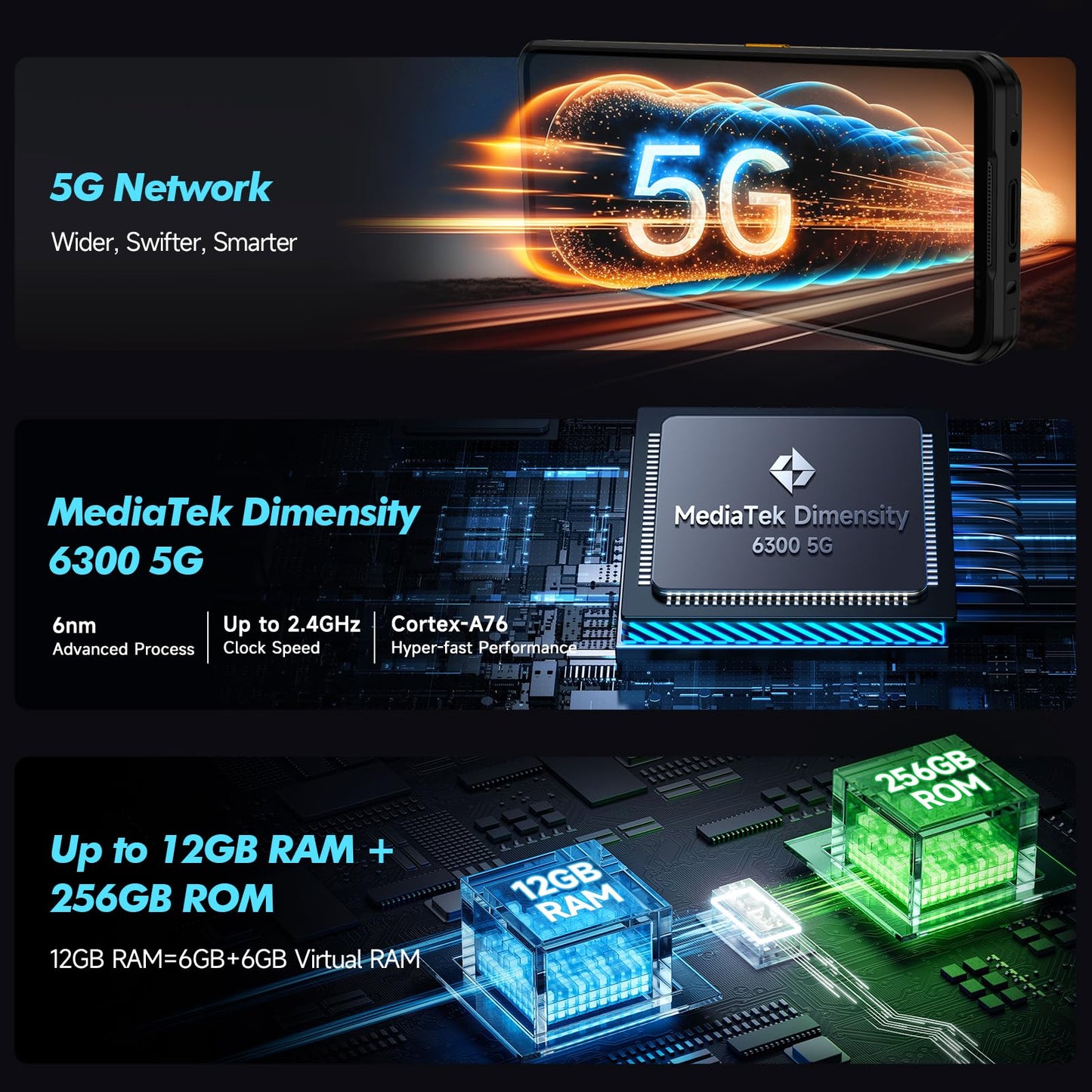 Ulefone Armor 25T Pro 5G outdoor phone with thermal imaging camera, 256GB+12GB/2TB Dimensity 6300 Android 14, 50MP+64MP night vision, 33W fast charging/6500mAh battery, 6.78" 120Hz IP68 smartphone, dual SIM, fingerprint sensor, NFC, 2-year warranty.