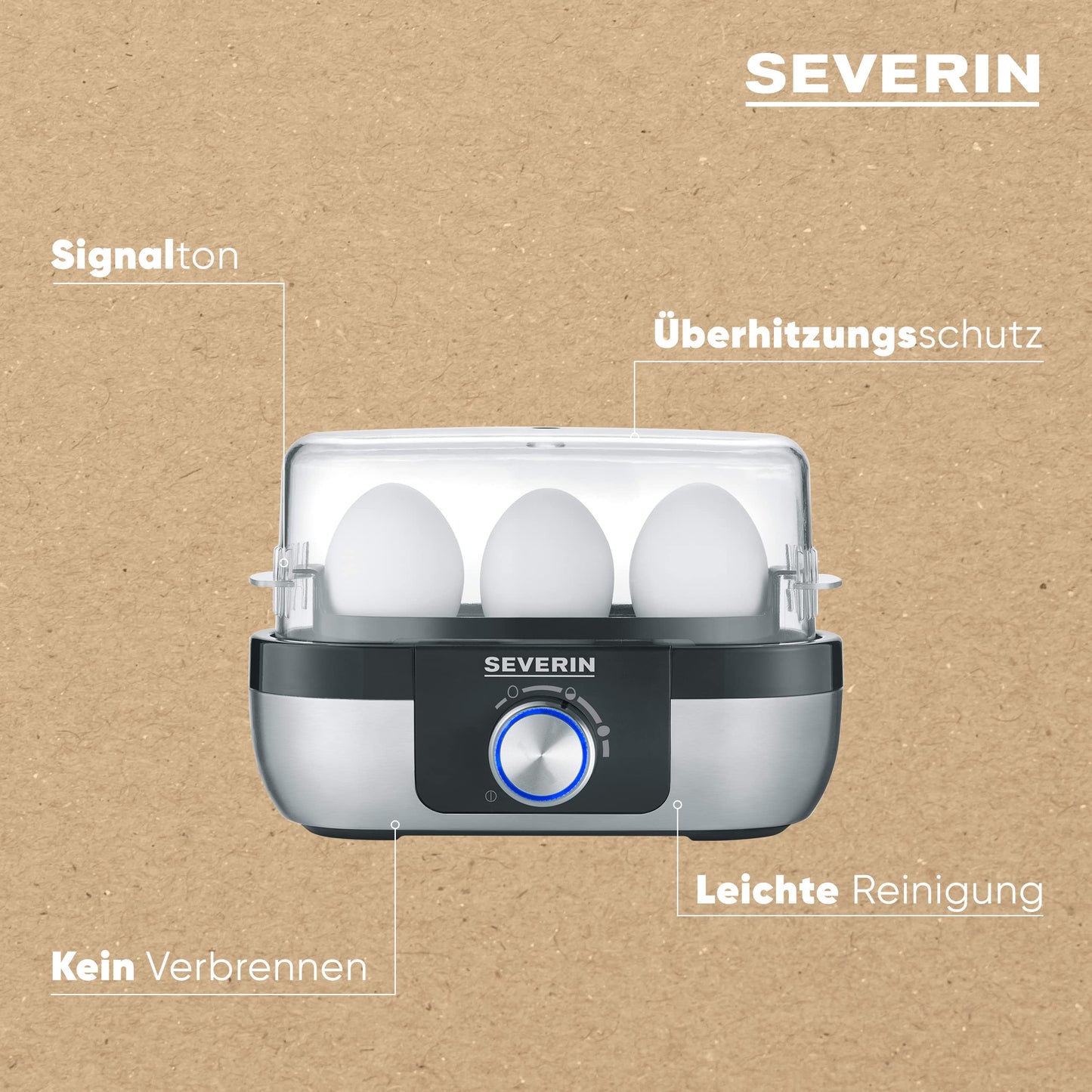 SEVERIN egg cooker for 3 eggs with electronic cooking time monitoring, including measuring cup with egg piercer, egg cooker for ideal hardness level, stainless steel brushed/black, 300 W, EK 3163