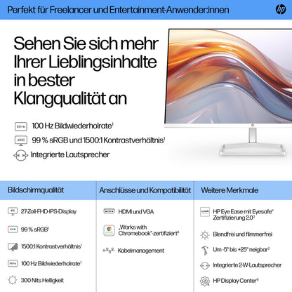 HP Series 5 527sa FHD IPS monitor with speakers | 27" | 100Hz | 1500:1 contrast | 99% sRGB | Dual HDMI 1.4 | VGA | audio input/output | anti-glare | adjustable | sustainable | white