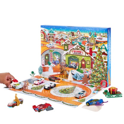 Hot Wheels Advent Calendar - 8 cars and 16 winter accessories behind 24 numbered doors, including a play mat, for kids and fans. HKL74