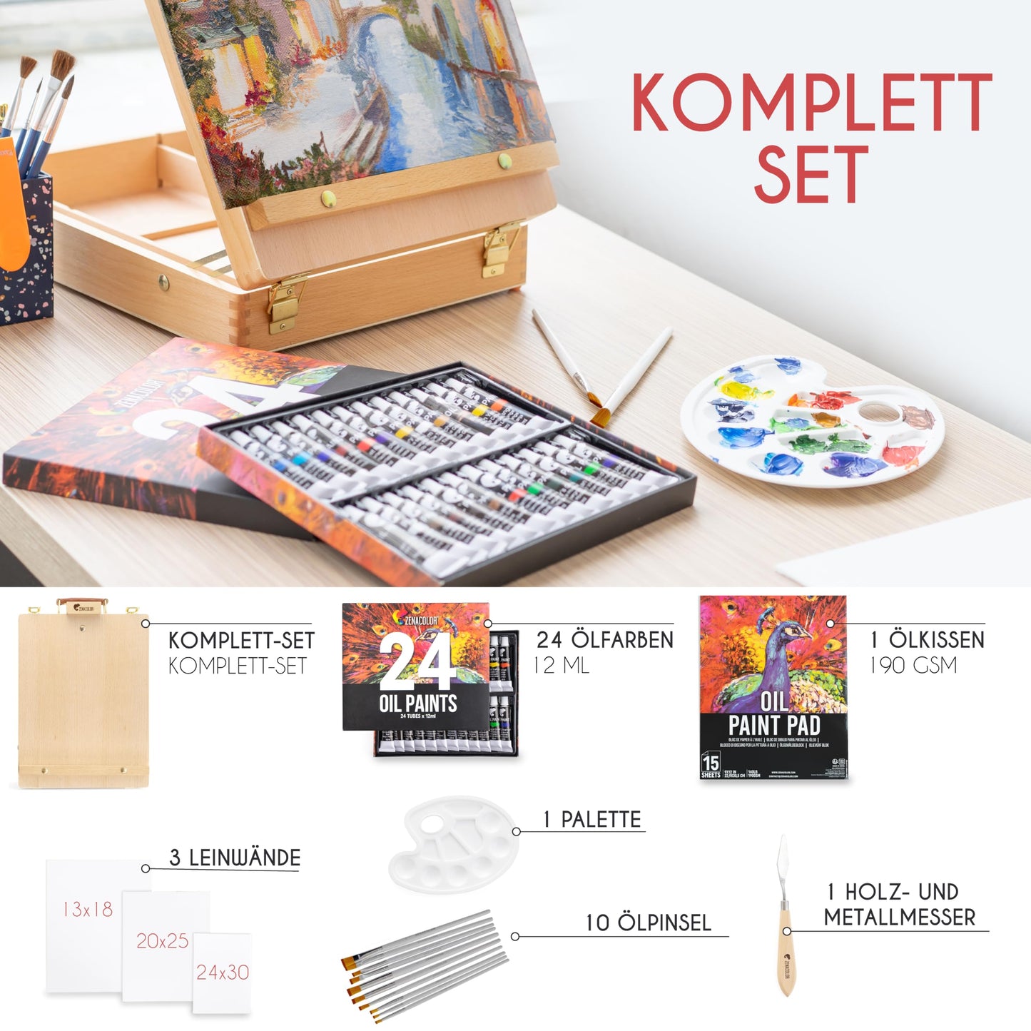 Easel with oil paint set - painting kit 41 pieces: 24 tubes of oil paint 3 canvases to paint on 1 painting pad 10 brushes 1 painting spatula 1 palette 1 table easel Zenacolor