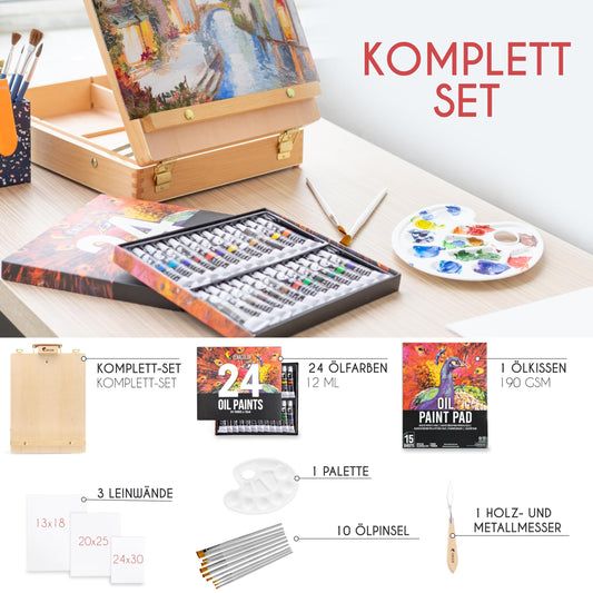 Easel with oil paint set - painting kit 41 pieces: 24 tubes of oil paint 3 canvases to paint on 1 painting pad 10 brushes 1 painting spatula 1 palette 1 table easel Zenacolor