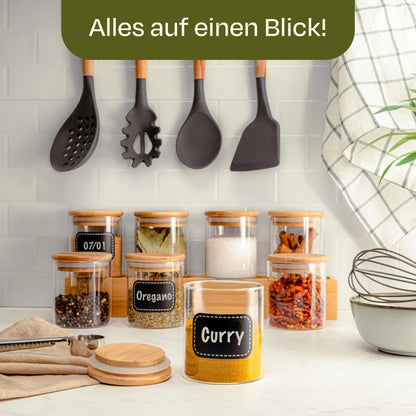 Spice Jars Large - 8 piece set 250ml - with Labels for Customization - Airtight - Dishwasher Safe - Kitchen Organization - for Spices, Herbs & Tea (8x 250ml)