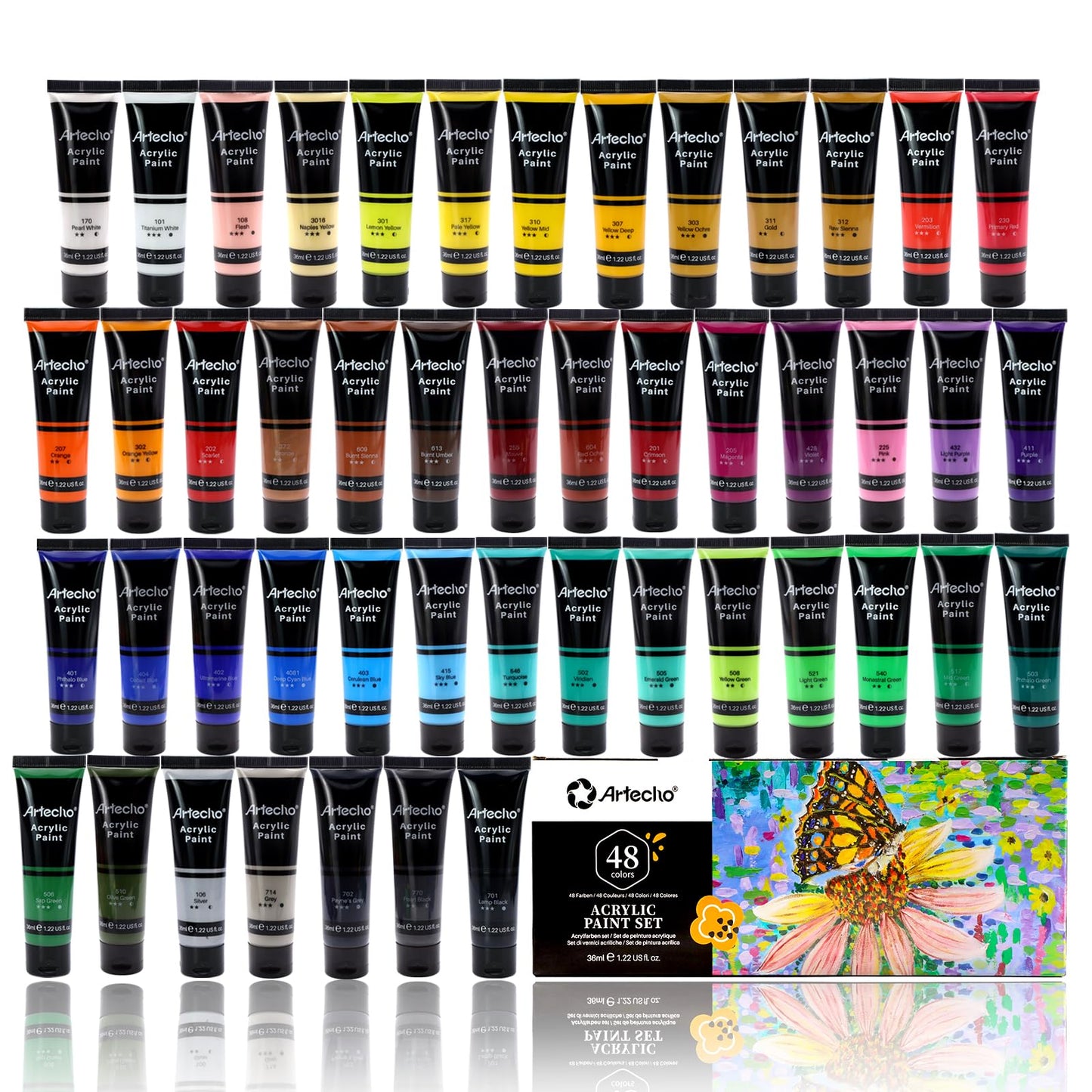 Artecho Acrylic Paint Set 48 x 36 ml, Waterproof and Lightfast, Quick Drying, Ideal for Canvas, Paper, and Fabric, Great for Christmas and other holidays.