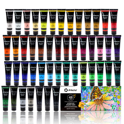 Artecho Acrylic Paint Set 48 x 36 ml, Waterproof and Lightfast, Quick Drying, Ideal for Canvas, Paper, and Fabric, Great for Christmas and other holidays.