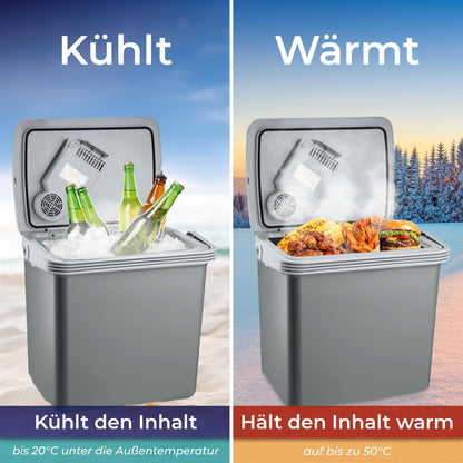 KLAMER electric cooling box 25 liters with cooling and warming function, 2 connections: 230V & 12V for cigarette lighter, car cooling box for camping, garden & outings, gray