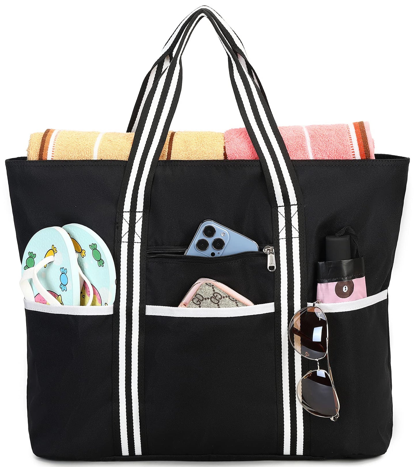LEDAOU Large Beach Bag Women Shoulder Bag Handbag Waterproof Sandproof Zipper Pool Picnic Gym Travel Bag (B-Black)