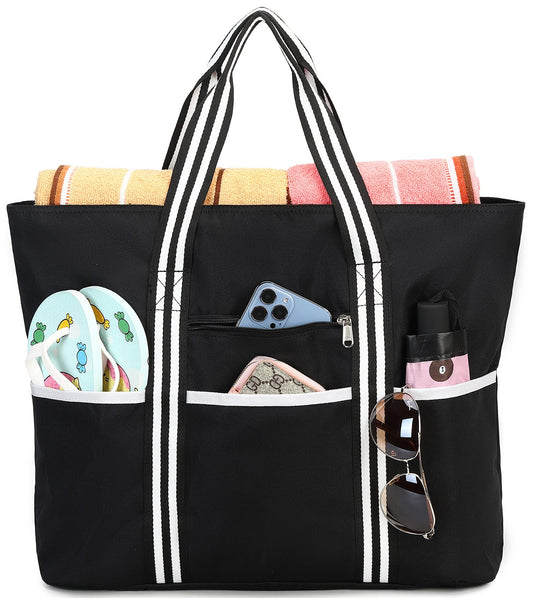 LEDAOU Large Beach Bag Women Shoulder Bag Handbag Waterproof Sandproof Zipper Pool Picnic Gym Travel Bag (B-Black)