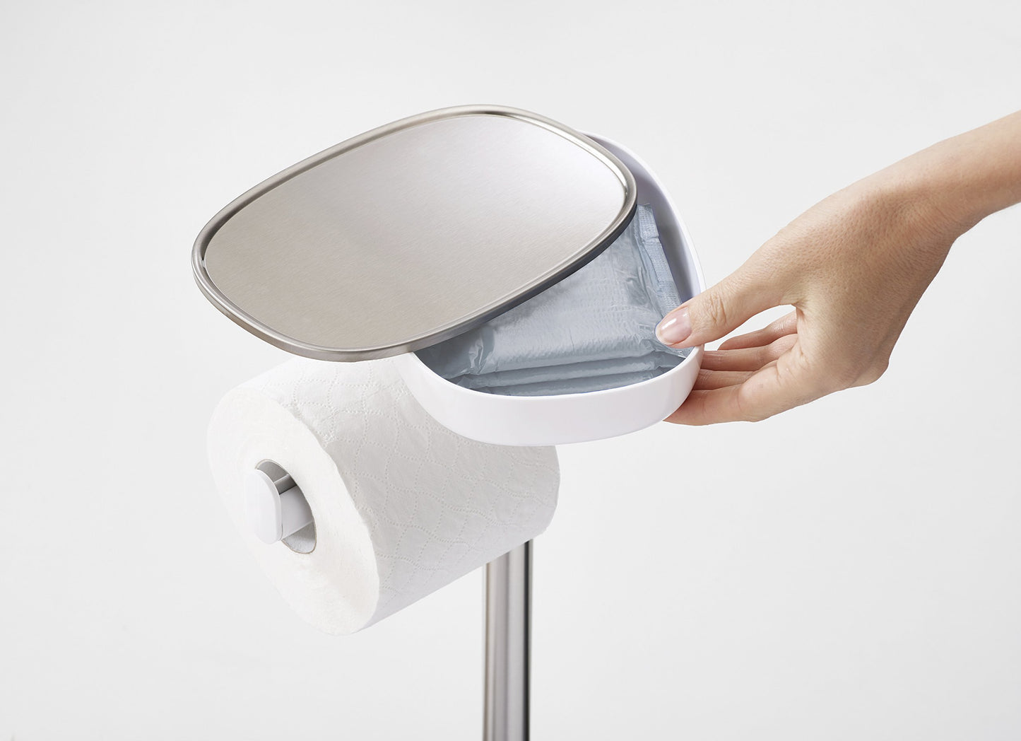 Joseph Joseph Easy Store - toilet paper holder and stand with flexible toilet brush, bathroom storage solution, made of stainless steel.