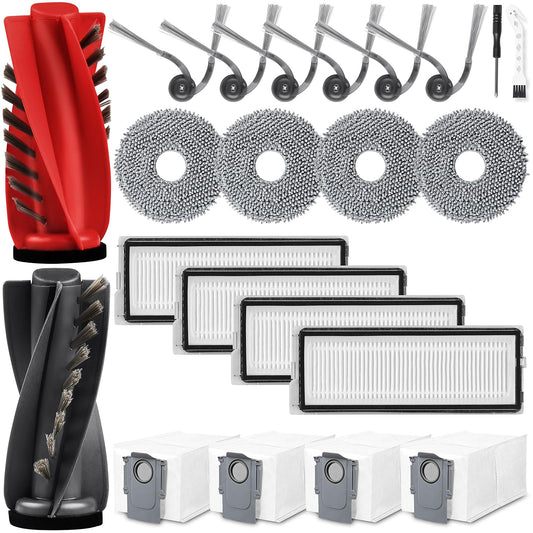 22 pieces accessories for Roborock Qrevo Curv/Qrevo Curv S5X/Qrevo Edge/Qrevo S5V robotic vacuum, 2 main brushes, 4 dust bags, 4 mopping cloths, 4 filters, 6 side brushes, 1 cleaning brush, 1 screwdriver.
