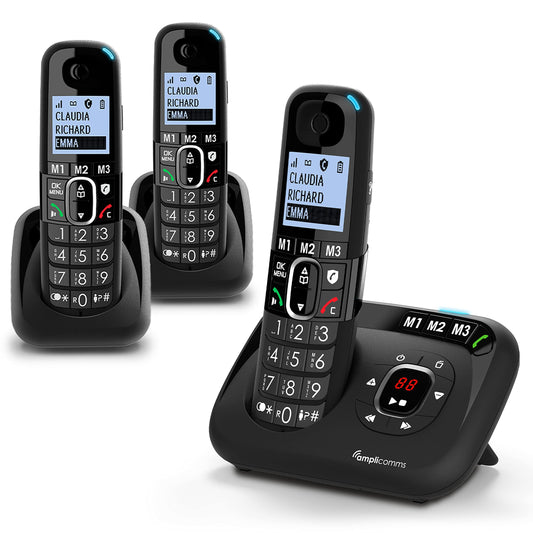 Amplicomms BigTel 1583 Trio cordless DECT big button phone, answering machine, THREE handsets, audio boost, loud ringtones, hearing aid compatible, call protection.