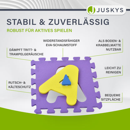 Juskys Kids puzzle mat Kim 36 pieces with letters A-Z & numbers 0-9 - non-slip & wipeable puzzle from 10 months - Eva foam - play mat
