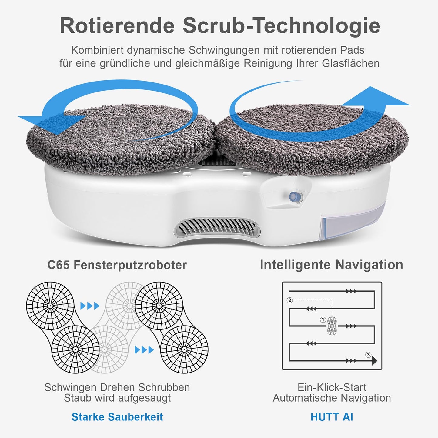 HUTT C65 window cleaning robot with spray function, Electric window cleaner remote control with 80ML tank, Window cleaner robot automatic, for indoor and outdoor windows, 10x cloths, case
