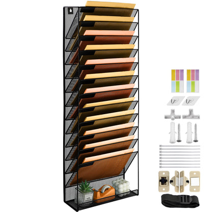 PLSOPPKG hanging organizer wall shelf pockets 13-tier wall mount desk organizer, A4 magazine holder wall, hanging wall file documents metal office document organizer for home