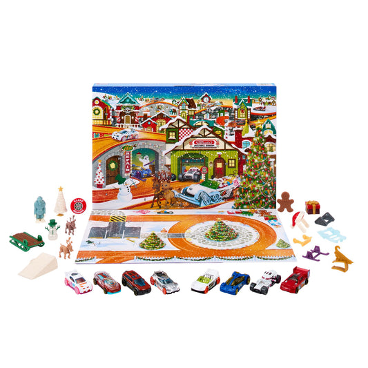 Hot Wheels Advent Calendar - 8 cars and 16 winter accessories behind 24 numbered doors, including a play mat, for kids and fans. HKL74