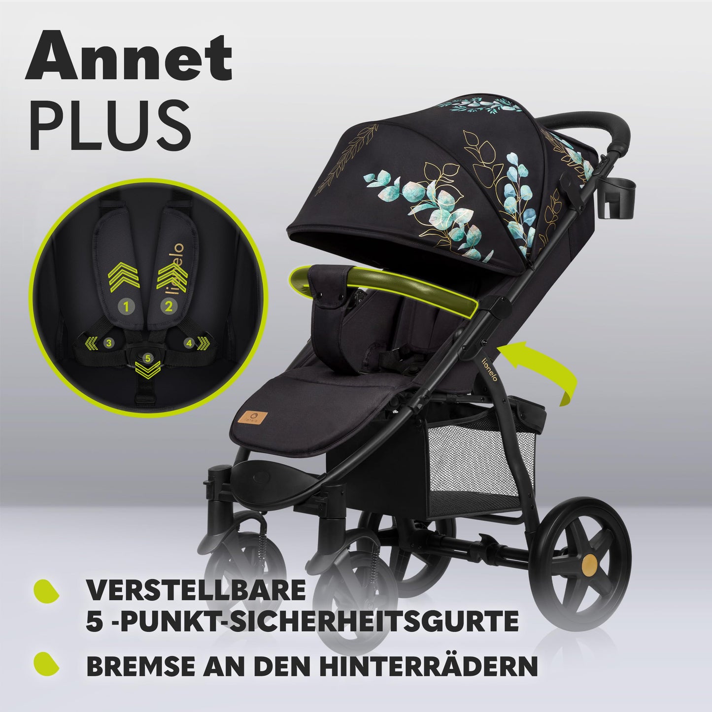 LIONELO Annet Plus stroller up to 22 kg with adjustable backrest, compact fold with accessories, EVA foam wheels, mosquito net, footmuff, cup holder, basket