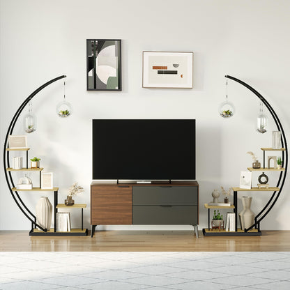 Ribelli 5-tier metal plant stand in half moon shape 172cm, plant shelf with 5 shelves & hooks, tall flower stand plant ladder with tip protection for balcony living room terrace (2 pieces, Brown)