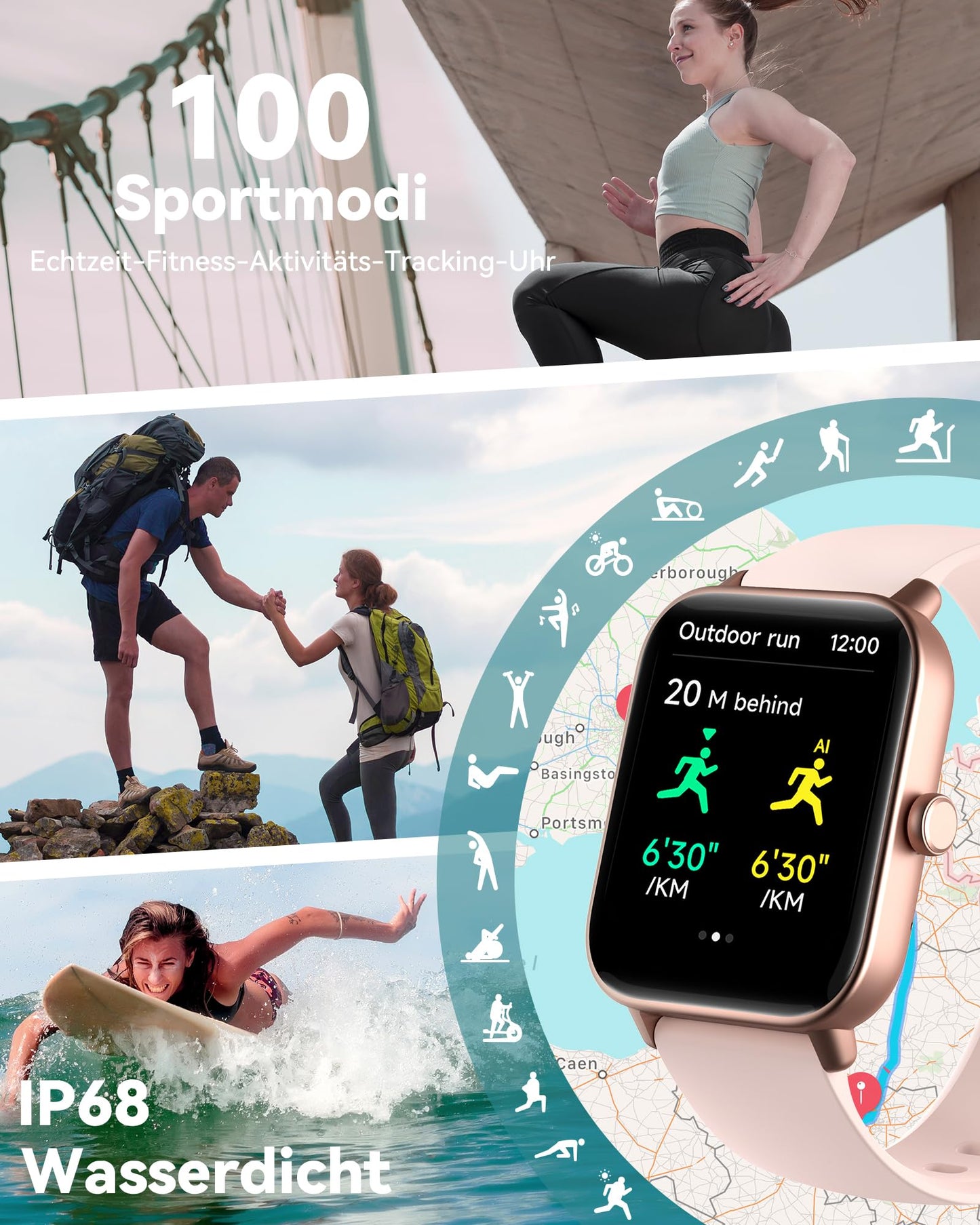 Women's smartwatch with phone-women's digital watch fitness tracker with EKG heart rate Bluetooth sleep monitor pulse meter sports watch waterproof with pedometer wristwatch for iOS Android (pink)