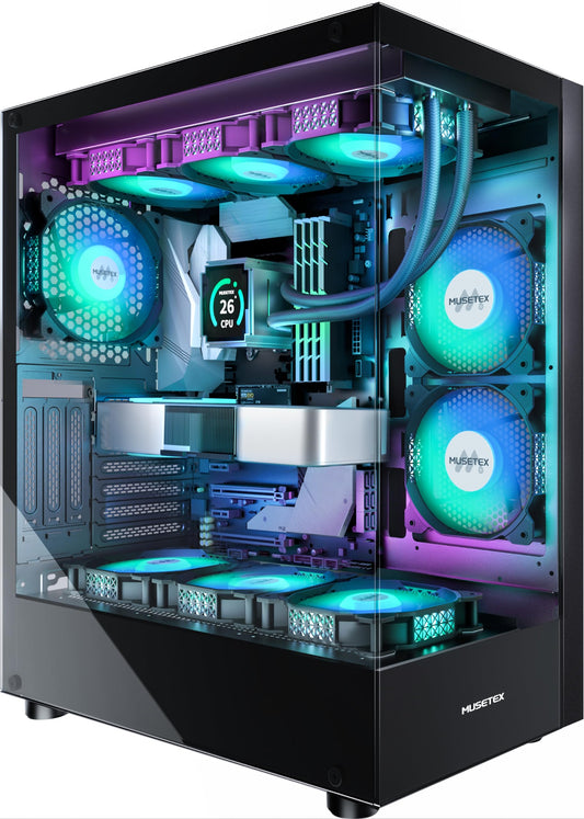 MUSETEX PC Case ATX Pre-installation 6 PWM ARGB Fans, Mid Tower ATX Computer Case with Panoramic Double Tempered Glass, Type-C Gaming PC Case, Black(K2)