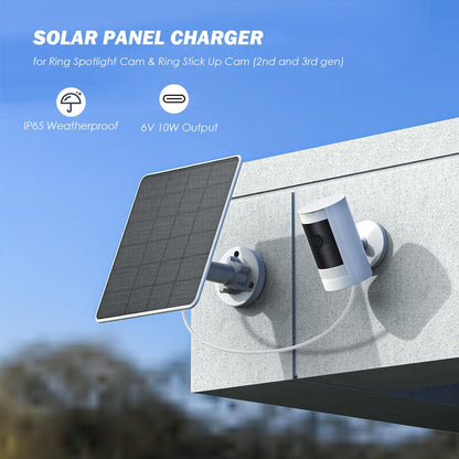 Solar panel charger for Ring Spotlight Cam and Ring Stick Up Cam, IP65 waterproof solar panel with 5V 10W charging, 9.8ft long cable (CSP4W-DC-W).