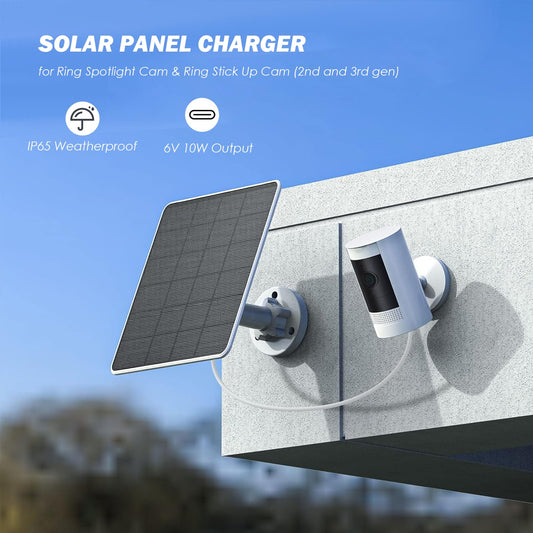 Solar panel charger for Ring Spotlight Cam and Ring Stick Up Cam, IP65 waterproof solar panel with 5V 10W charging, 9.8ft long cable (CSP4W-DC-W).