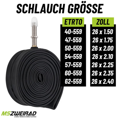 2 pack Schwalbe bicycle tube AV13 40mm 26 inch (40/62-559) including 3 MSZweirad tire levers