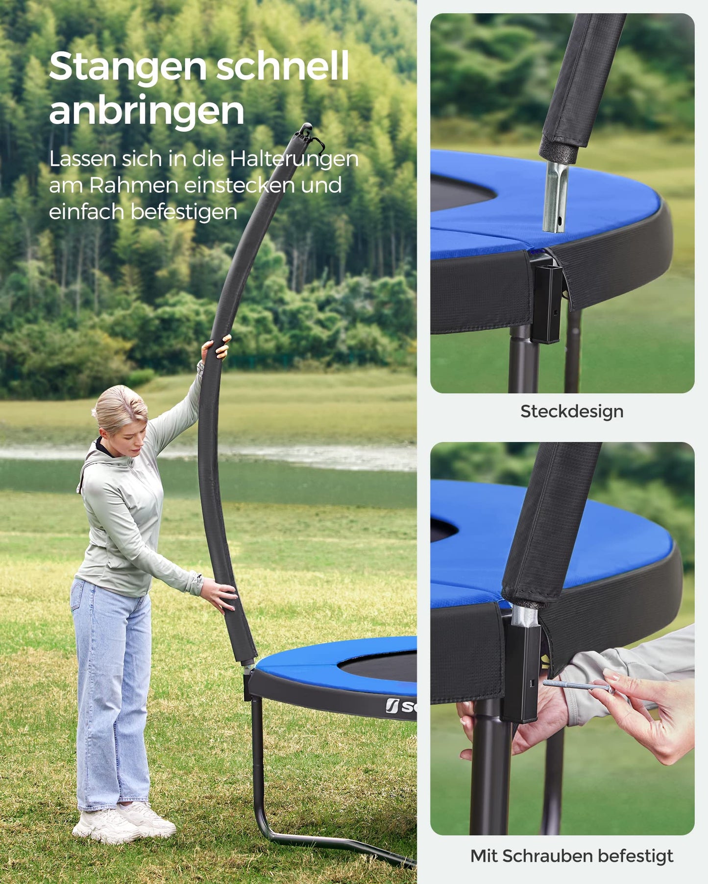 SONGMICS 244 cm dia. Trampoline, garden trampoline for kids with safety net, 180 cm tall curved poles, padding, ladder, steel frame, black-blue STR8BK.