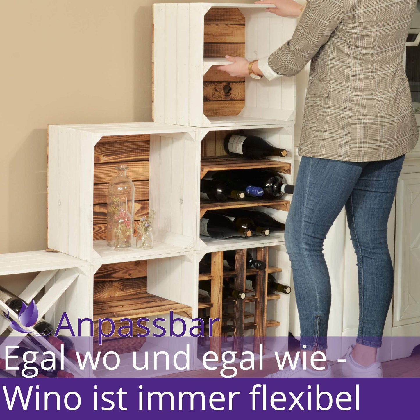 CHICCIE 3 piece wine rack Wino made of wood - Flamed X shelf wooden crate