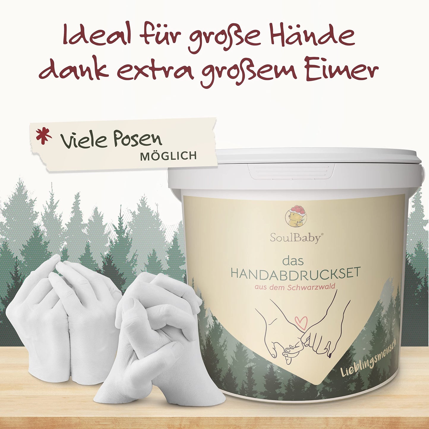 SOULBABY® 3D Handprint Set for couples with gift packaging I Plaster casting kit with extra large bucket I 100% Black Forest Made I Premium plaster hand casting couple with video instructions