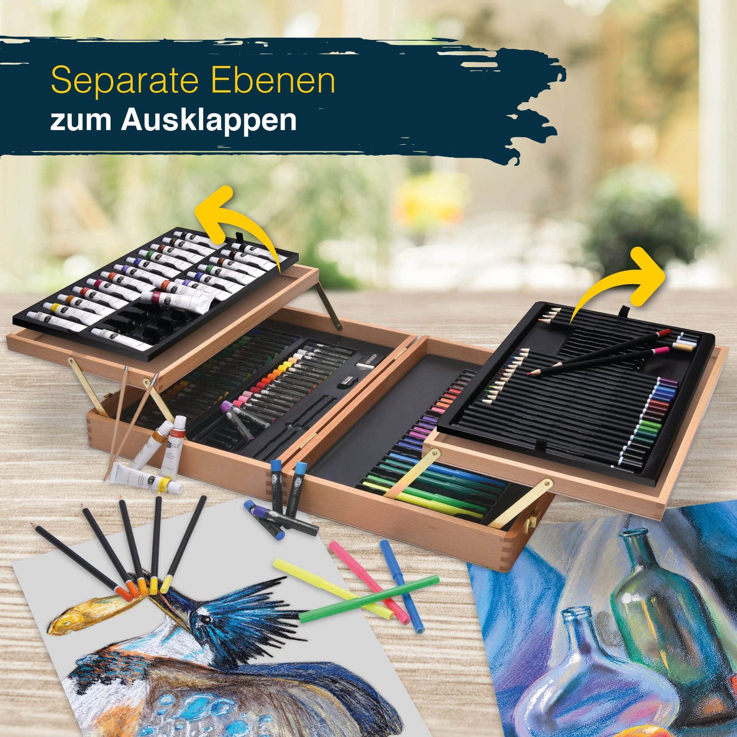 Artina 127-piece painting set Bologna XXL artist set with FSC wood painting case - acrylic paints, watercolor paints, colored pencils, pastel pencils, fineliners, pencils - large drawing set with storage for beginners