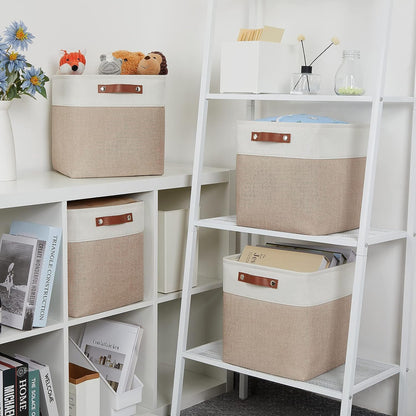 Mangata fabric storage cube 4-pack, 30x30x30cm storage basket for bedroom, craft room, kids room ▏ Light Khaki&White