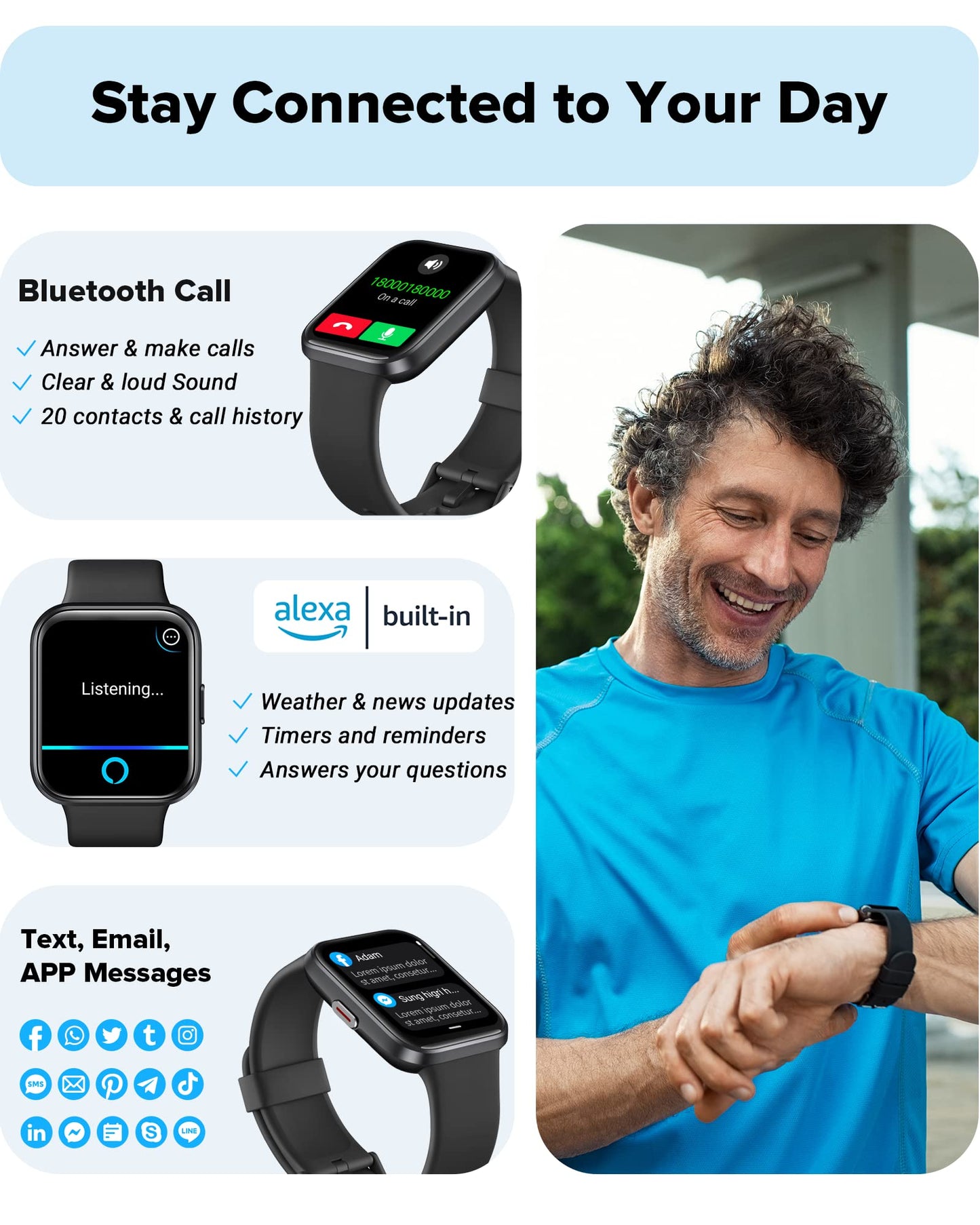 Men's Women's Smartwatch, Smartwatch with phone function, 1.7" touchscreen pedometer watch with Alexa, 60+ sports modes, heart rate monitor, sleep monitor SpO2, WhatsApp reminder, IP68 waterproof fitness tracker.