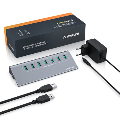 CSL - USB 3.2 Gen2 Hub - 7 Port Distributor active - 10 Gbit/s - Active operation - with power supply - Anthracite metal casing - for PC notebook laptop tablet - for Windows and MacOS