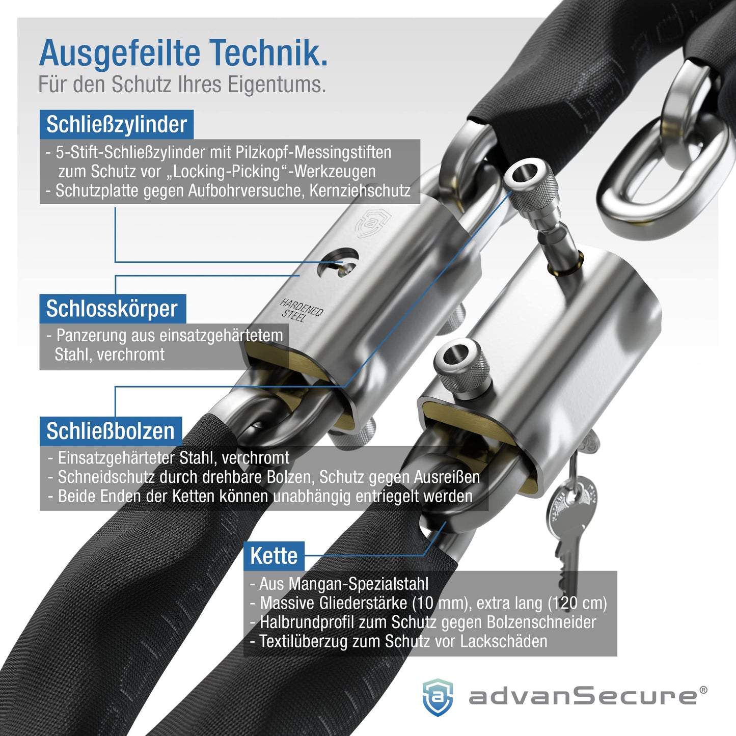 advanSecure® high-security chain lock with saddle bag | ideal for e-bikes | max. security level | 120 cm length, 10 mm chain links | hardened special steel