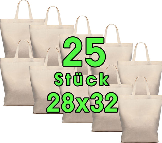 25 PIECES Cotton Bag 28 x 32 cm - Medium Jute Bag - Natural Pharmacy Bag, Tote Bag, Yarn Bag Gift Bag ÖKO-TEX® certified unprinted fabric bag, short handles for painting and printing.