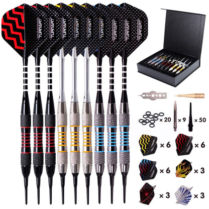 Soft tip darts set of 9 pieces weighing 18 grams, includes 50 extra dart tips, 20 rubber o-rings, 27 flights, and a 9 piece tool kit for electronic dartboards (tungsten).