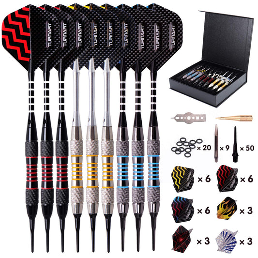 Soft tip darts set of 9 pieces weighing 18 grams, includes 50 extra dart tips, 20 rubber o-rings, 27 flights, and a 9 piece tool kit for electronic dartboards (tungsten).