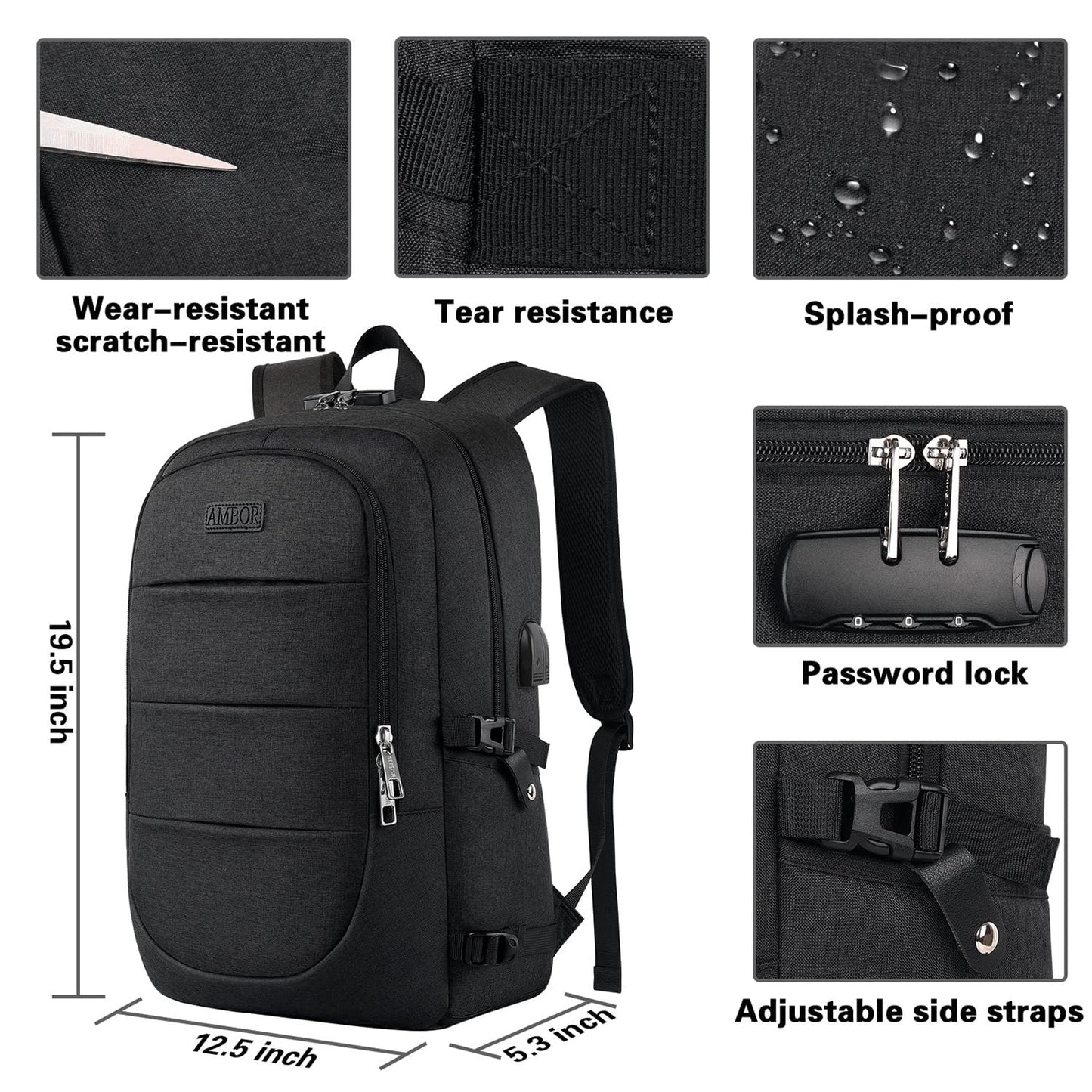 AMBOR Backpack for Men, 17.3 Inch Laptop Backpack School Backpack with USB Charging Port, Women's Anti-Theft Backpack Multifunctional Notebook Bag Waterproof, Black