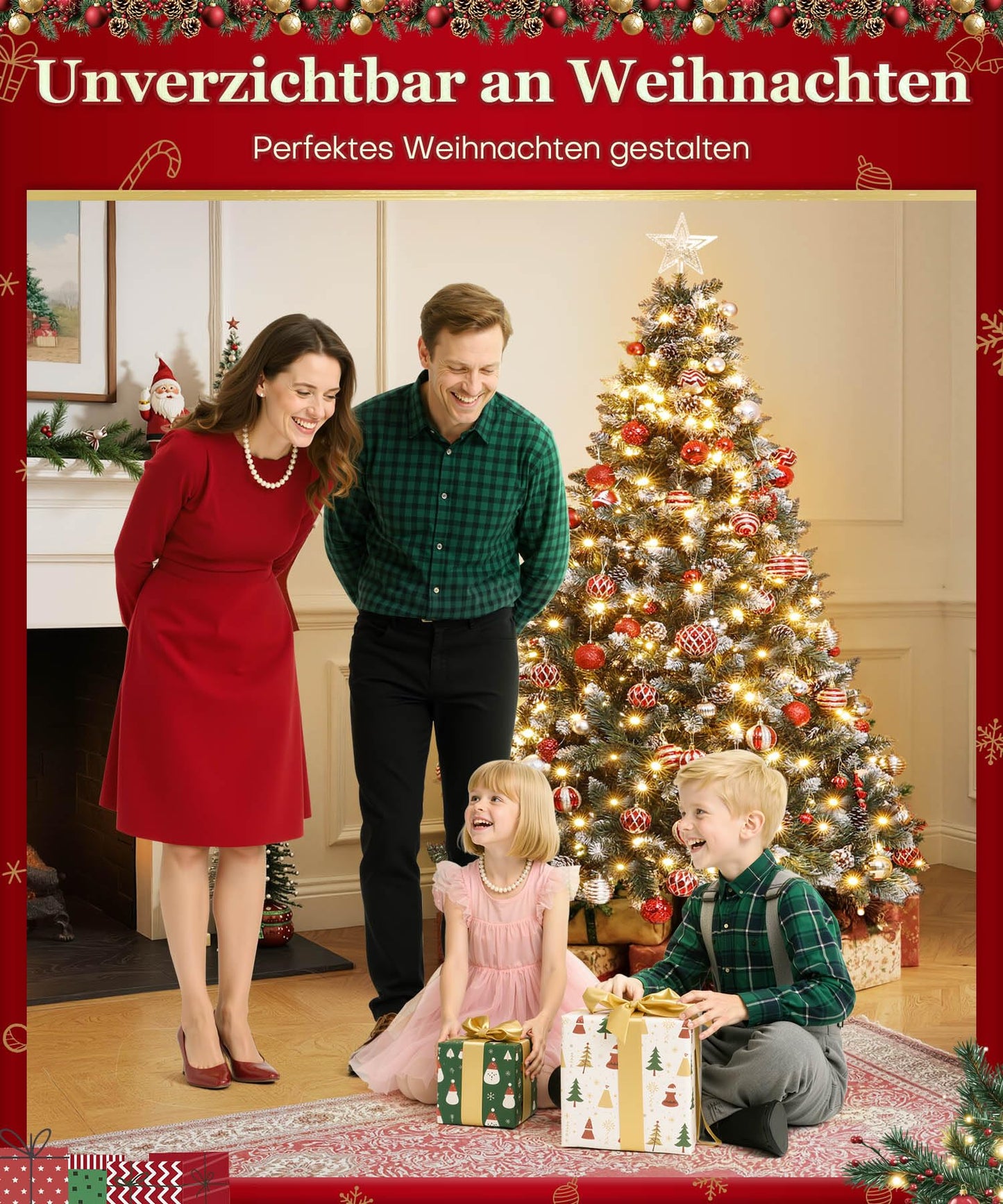 Yorbay artificial Christmas tree with lighting and white snow, LED pine tree for Christmas decoration with real pine cones, fire-resistant (180CM)