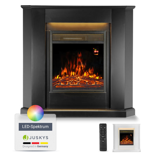 Juskys Electric Fireplace 1000/2000 W with heating, fireplace, flame effect, remote control, LED lighting & timer - Electric Corner Fireplace in black.