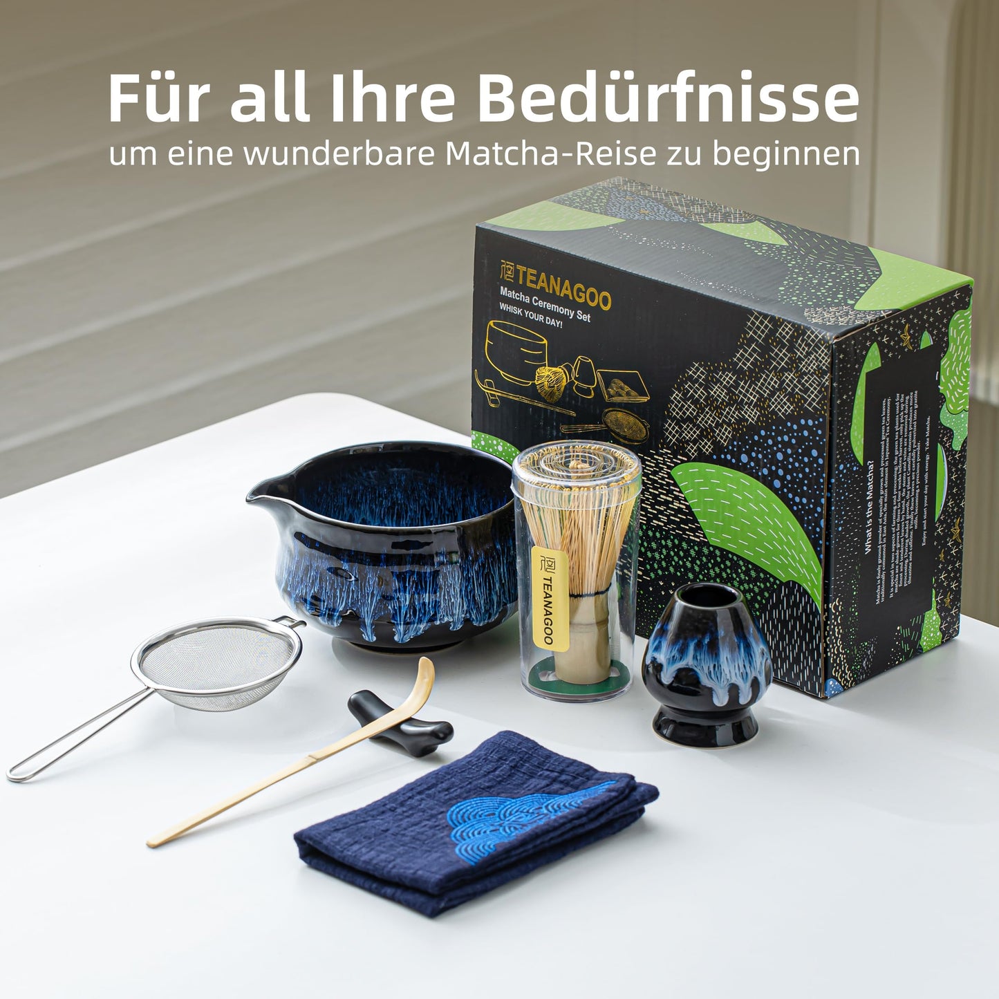 TEANAGOO Matcha Set, Matcha Whisk, Matcha Bowl with Spout (Chawan), Junware-Blue, Matcha Tea Set for Breakfast/Latte, Gift for Matcha Lovers, Matcha Whisk and Bowl with all accessories.