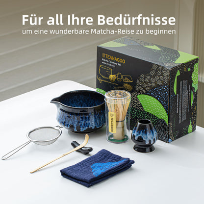 TEANAGOO Matcha Set, Matcha Whisk, Matcha Bowl with Spout (Chawan), Junware-Blue, Matcha Tea Set for Breakfast/Latte, Gift for Matcha Lovers, Matcha Whisk and Bowl with all accessories.