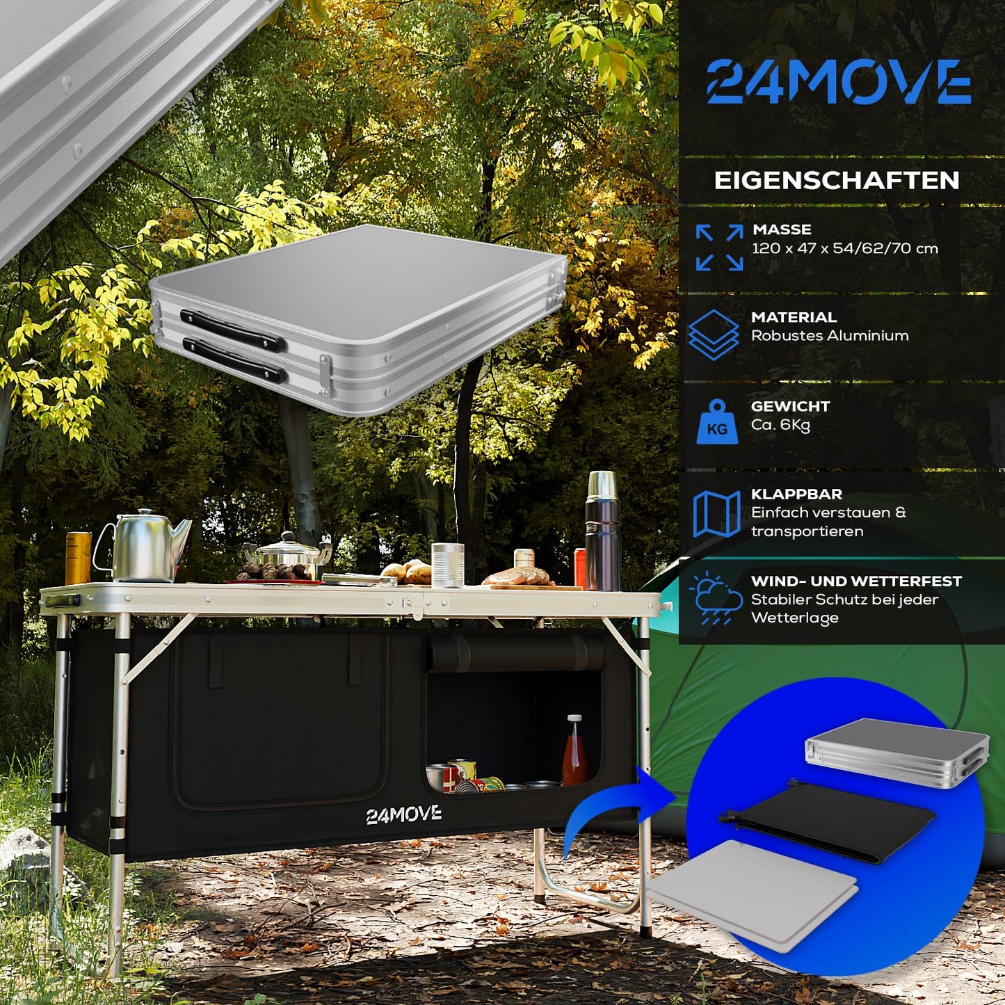 24MOVE® Camping Kitchen Praia, foldable and adjustable camping cupboard made of aluminum with worktop and storage compartments, suitable for outdoor camping, portable.