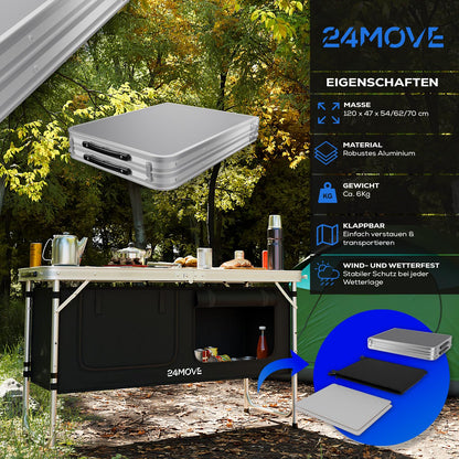 24MOVE® Camping Kitchen Praia, foldable and adjustable camping cupboard made of aluminum with worktop and storage compartments, suitable for outdoor camping, portable.