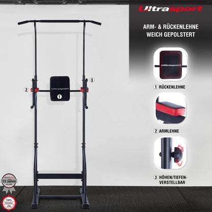 Ultrasport Power Tower, multifunctional fitness station for home use, dip station, pull-up bar, push-up handles, adjustable height, Black - Red.