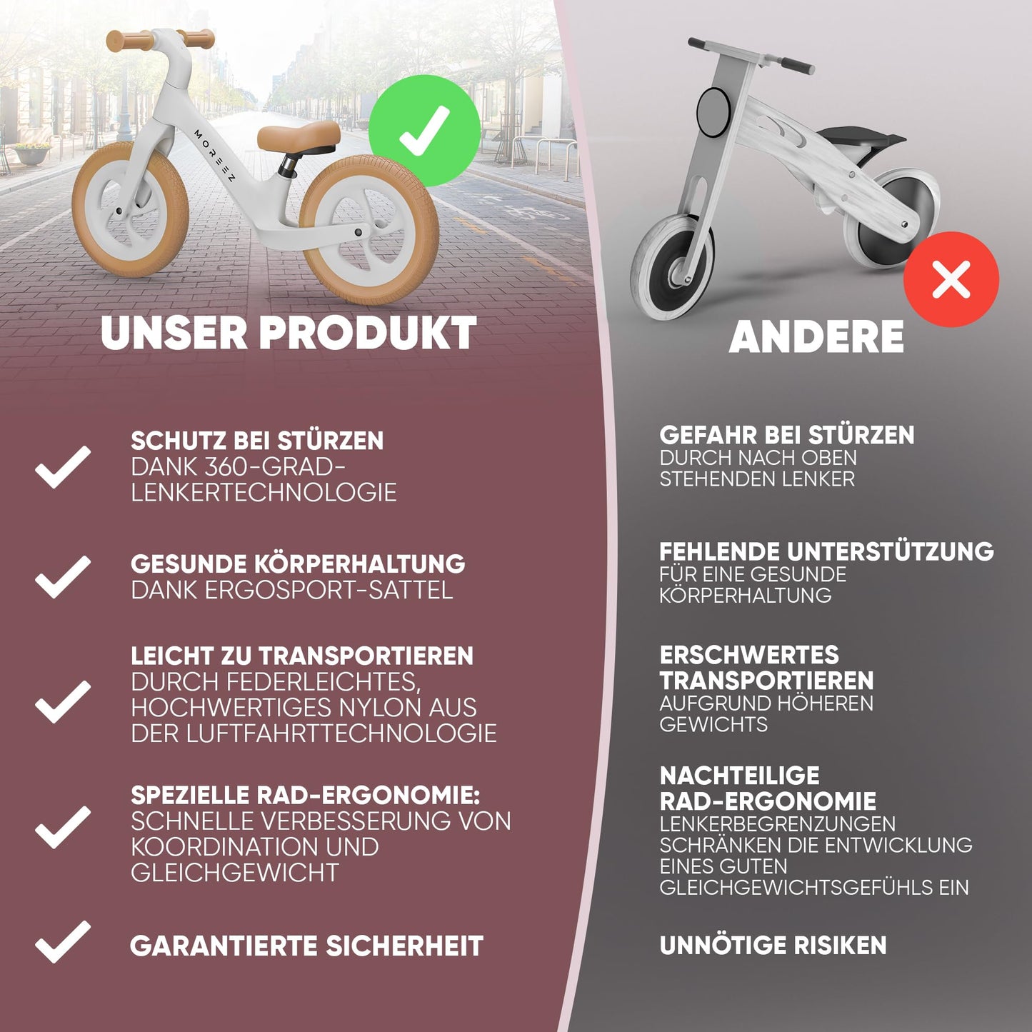 MOREEZ® balance bike from 2 years [2-5 years] Ultra-light children's balance bike with fall protection, ergonomic seat, 50kg puncture-proof 12-inch wheels, footrest, height-adjustable for girls and boys in white