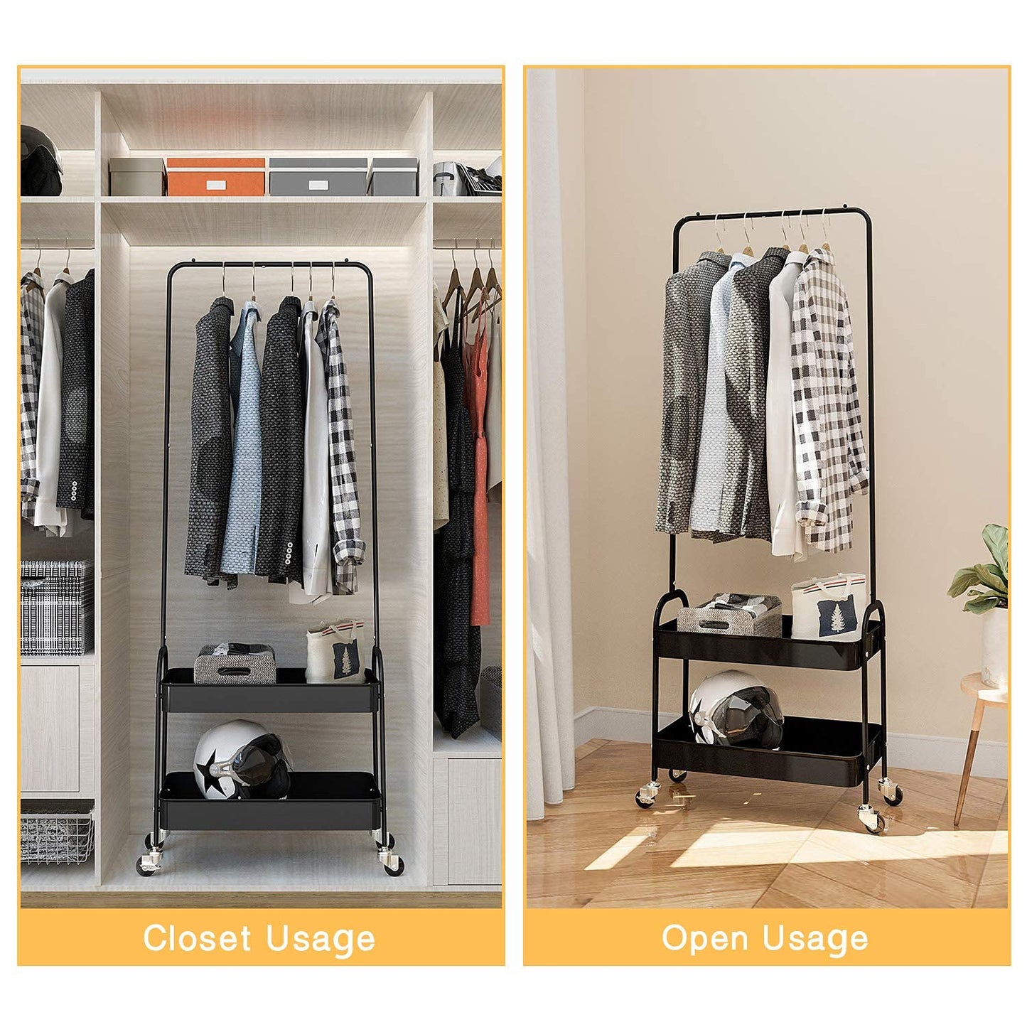 Kingrack clothes rail, metal coat rack, clothes rail with wheels, bedroom clothes stand, freestanding shelf cart with 2-tier storage shelf, heavy duty trolley multipurpose cart in black.