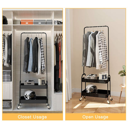 Kingrack clothes rail, metal coat rack, clothes rail with wheels, bedroom clothes stand, freestanding shelf cart with 2-tier storage shelf, heavy duty trolley multipurpose cart in black.