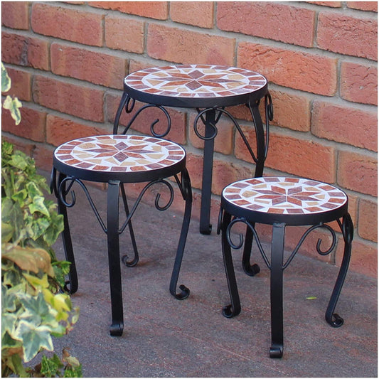 Dszapaci Flower Stool Set of 3 Mosaic Round Garden Flower Stand Metal Patio Plant Stand Ceramic Plant Stool (Set of 3)